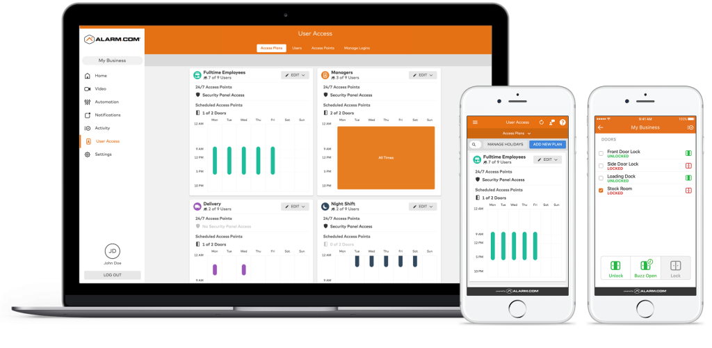 Dashboard interface displaying Alarm.com user access management on a laptop and mobile devices, illustrating features for managing business security and access control.
