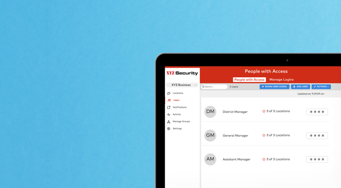 Dashboard interface displaying user access management for business security, featuring roles like District Manager and General Manager, with options to add users and manage logins.