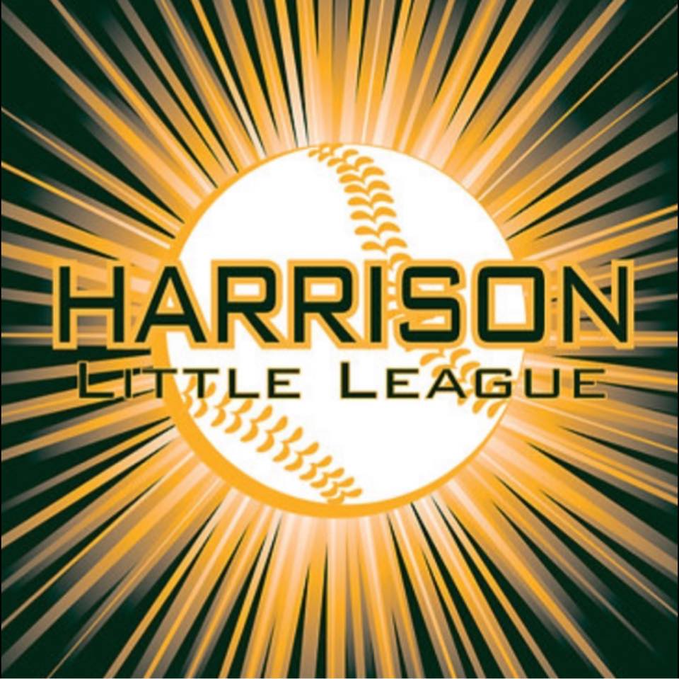 Harrison Little League logo featuring a baseball with dynamic rays, symbolizing community support for youth sports and teamwork initiatives.