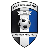 Harrison SC logo featuring a soccer ball, black and blue shield design, established 1985, representing youth sports in Mullica Hill, NJ, aligned with community support initiatives.