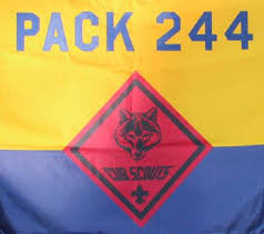 Pack 244 flag featuring a wolf emblem and vibrant yellow and blue colors, representing youth community engagement and scouting activities.