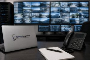 Multi-site security management overview featuring video surveillance displays, a laptop, and telephone, illustrating centralized oversight
