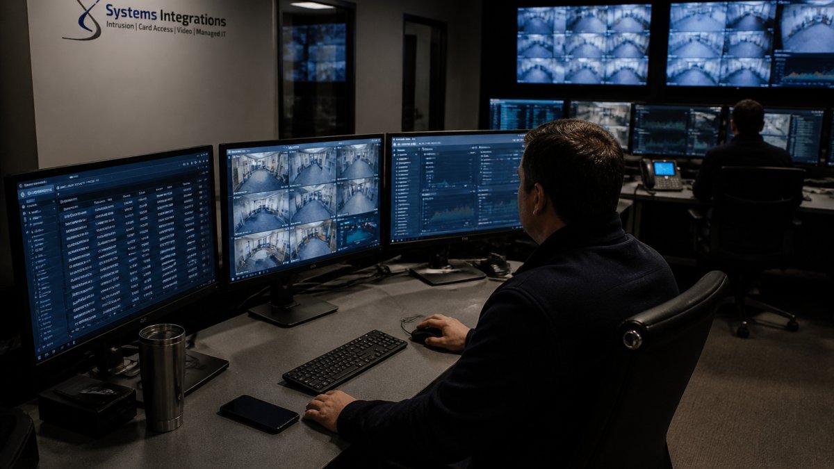 Security operations center with multiple monitors showing live camera feeds and network dashboards, an analyst in a dark room reviewing access logs on a side screen