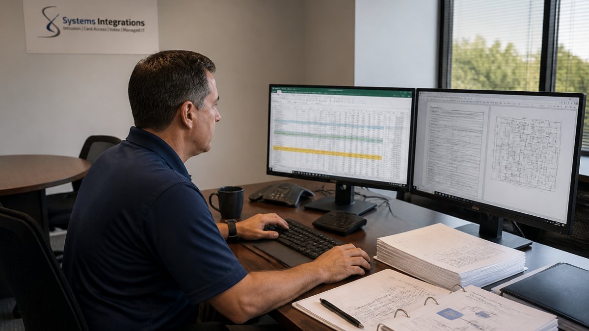 Facility manager reviewing a total cost of ownership security systems spreadsheet on dual monitors