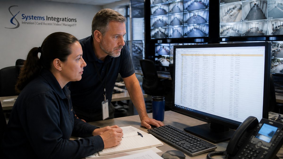 Security manager and IT director reviewing a spreadsheet of security contracts on a monitor in a modern SOC.