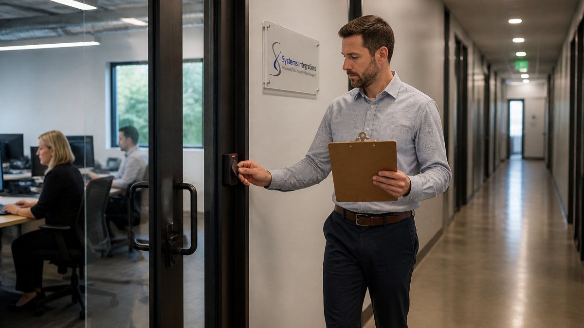 A facility manager in business casual attire holding a clipboard and walking through a modern office hallway, checking a badge reader on a glass door while employees work in the background