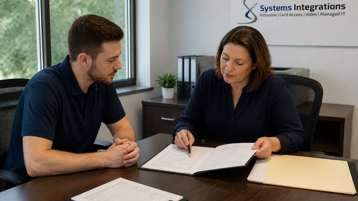 Office manager at a desk reviewing employee onboarding documents and access forms with a new team member present, natural office lighting