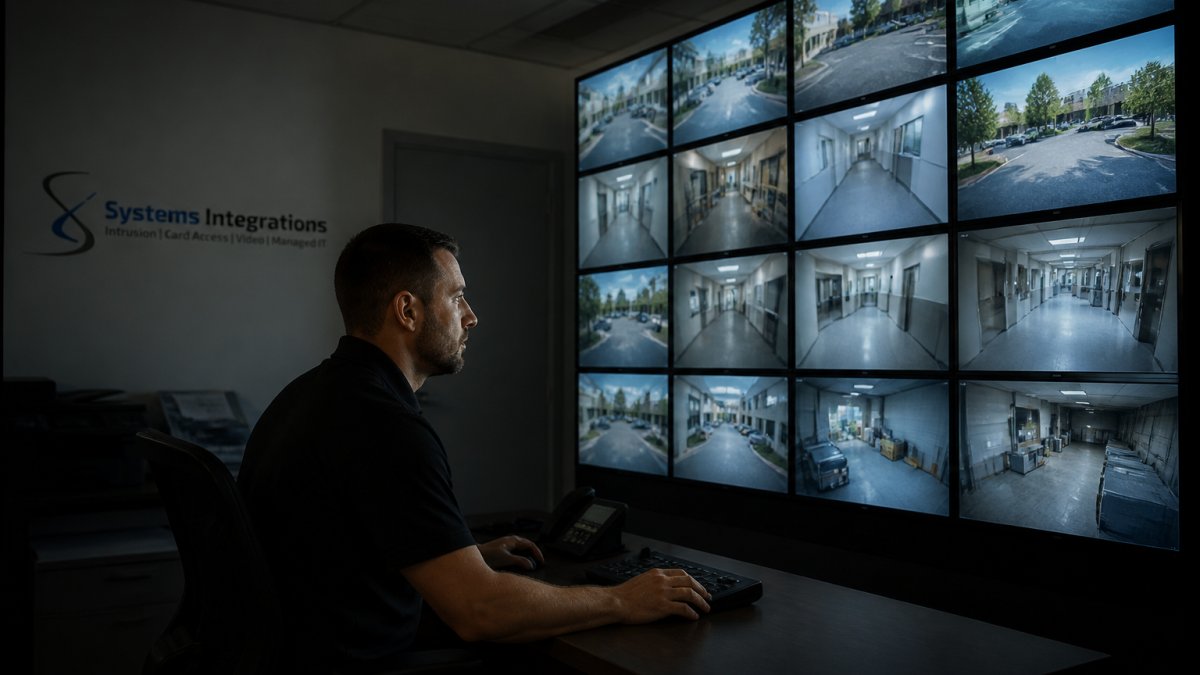A security operations center analyst at a desk reviewing a wall of live camera feeds from several different commercial buildings on multiple monitors, dim ambient lighting with screen glow on their face