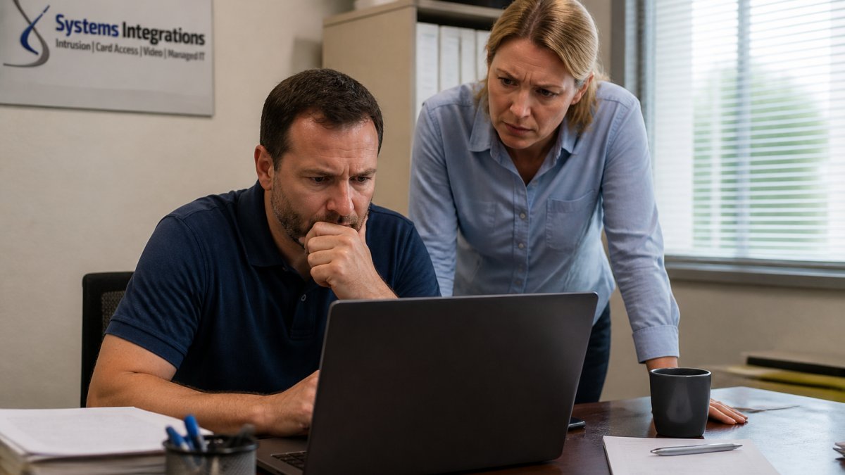 A small business owner looking concerned at a laptop screen showing a ransomware warning message in a modest office setting, with a colleague looking over their shoulder