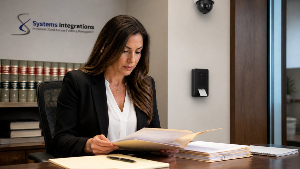 Legal professional reviewing digital access permissions on a computer in a modern office for securing sensitive client files